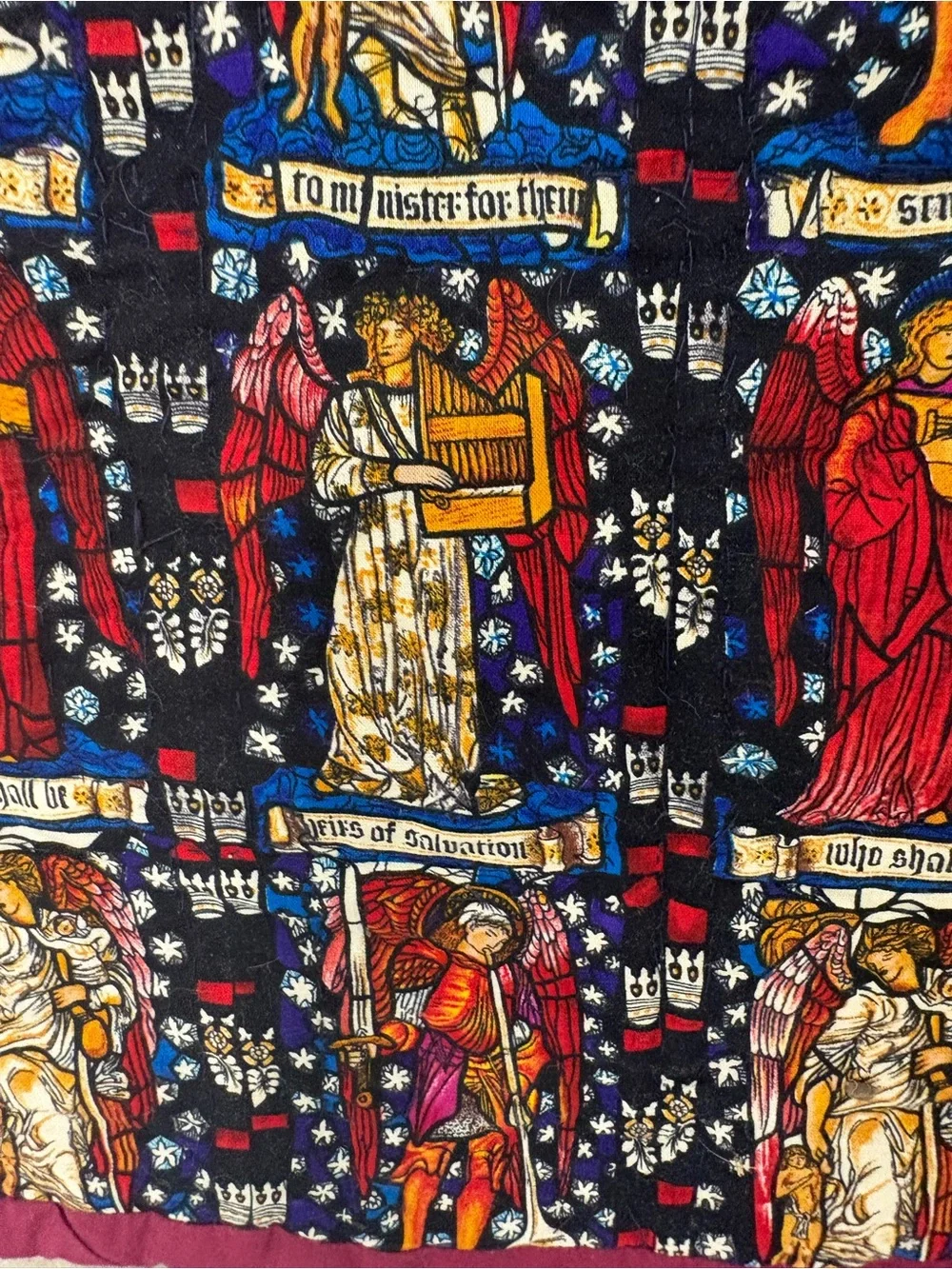 Quilted Throw Blanket Reversible w Stained Glass Angels & Jesus w Joe Mary